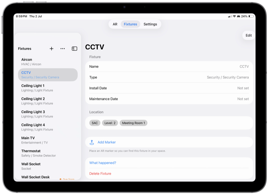 Husvarde's fixture list and detail view side-by-side on iPad